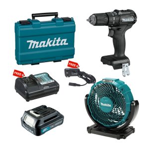 Combo Makita 12V - Máy khoan HP333DZB + Quạt dùng pin CF100DZ + Pin BL1016 Sạc DC10WD